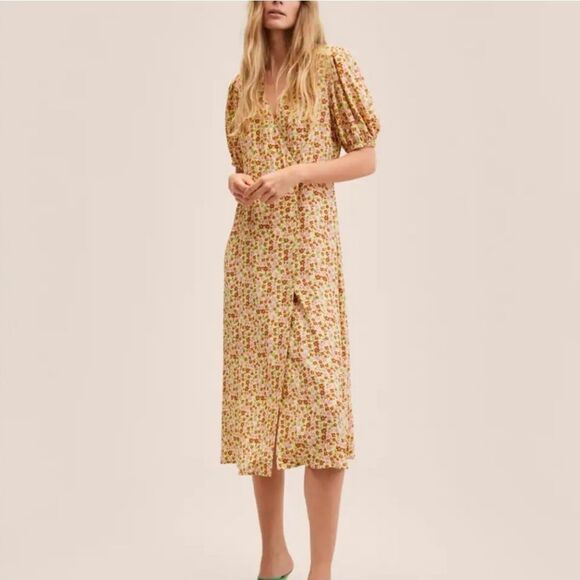 Mango Wrap Midi Dress Yellow Floral Short Sleeve Size 1XL - Picture 5 of 10